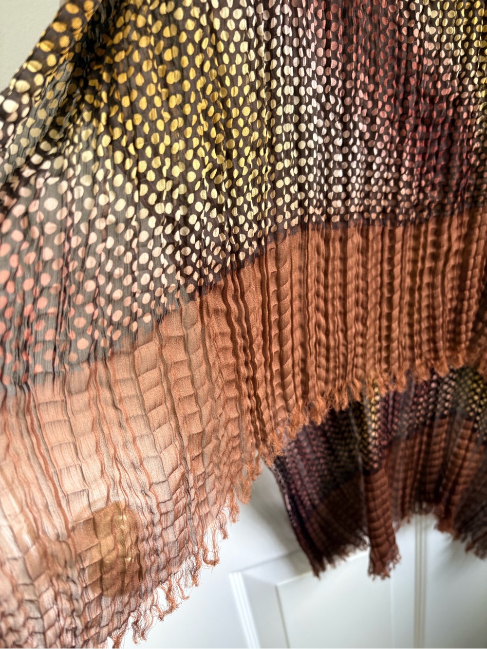 Woven Gradient Pleated Fringe Scarf or Wrap in Brown and Rust